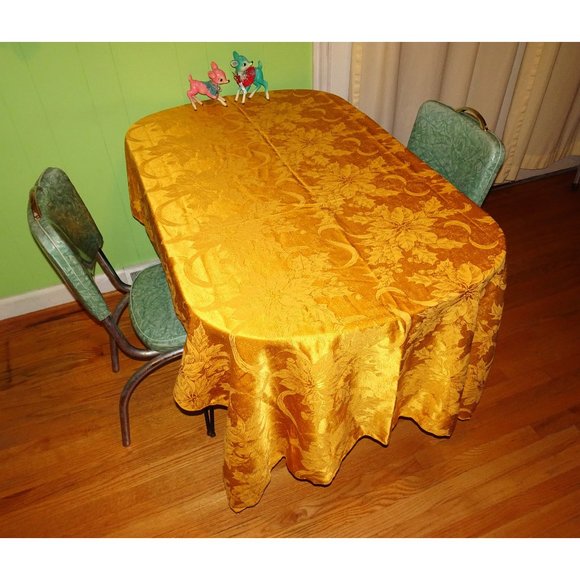 Vintage Christmas Gold Poinsettia Tablecloth retro table linen holiday decor mcm